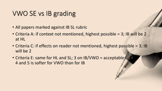 VWO SE vs IB grading
• All papers marked against IB SL rubric
• Criteria A: if context not mentioned, highest possible = 3; IB will be 2
at HL
• Criteria C: if effects on reader not mentioned, highest possible = 3; IB
will be 2
• Criteria E: same for HL and SL; 3 on IB/VWO = acceptable;
4 and 5 is softer for VWO than for IB
 