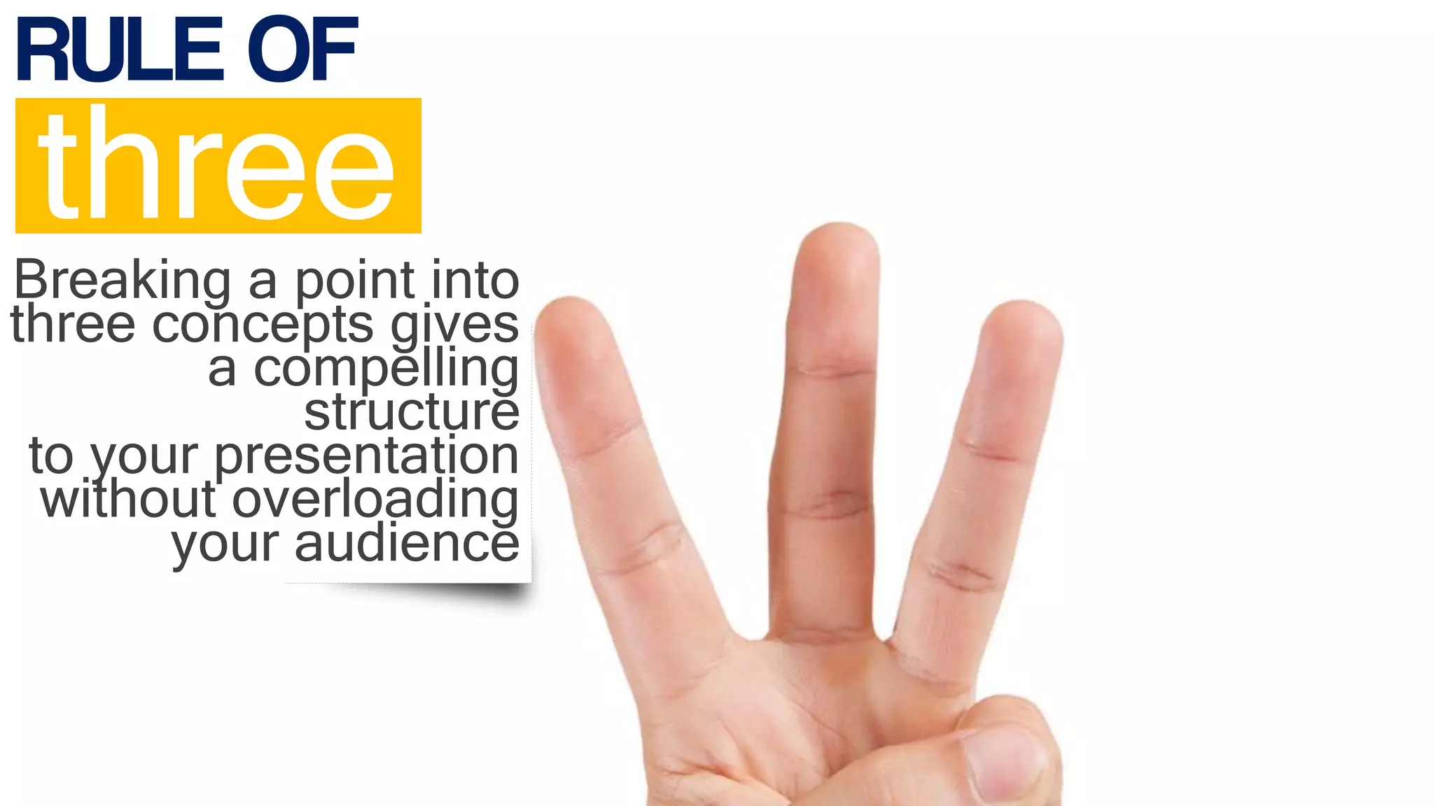 RULE OF
three
Breaking a point into
three concepts gives
a compelling
structure
to your presentation
without overloading
your audience