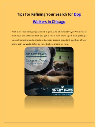 Tips for Refining Your Search for Dog
Walkers in Chicago
A lot of us love having dogs around as pets. And why wouldn’t you? There is so
much love and affection that you get to share with them, apart from getting a
sense of belonging and protection. Dogs can become important members of your
family and you would definitely want the best of care for them.
 