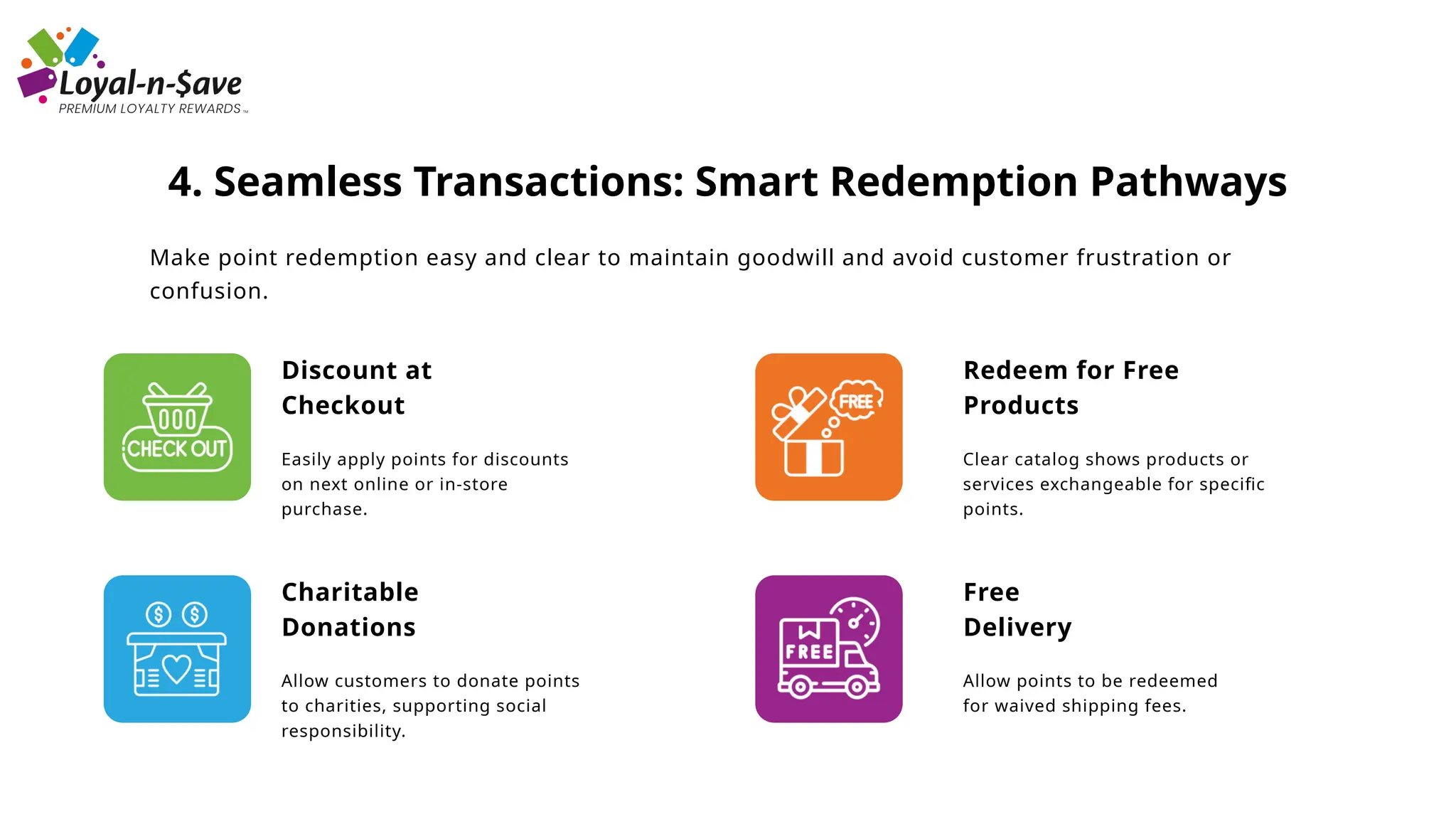 Discount at
Checkout
Easily apply points for discounts
on next online or in-store
purchase.
Redeem for Free
Products
Clear catalog shows products or
services exchangeable for specific
points.
Charitable
Donations
Allow customers to donate points
to charities, supporting social
responsibility.
Free
Delivery
Allow points to be redeemed
for waived shipping fees.
4. Seamless Transactions: Smart Redemption Pathways
Make point redemption easy and clear to maintain goodwill and avoid customer frustration or
confusion.
 
