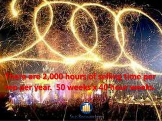 There are 2,000 hours of selling time per
rep per year. 50 weeks x 40 hour weeks.

                                       19
19
 