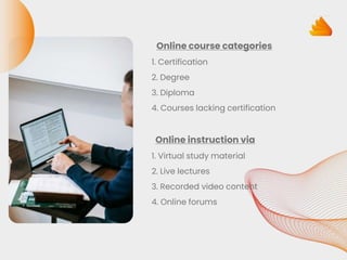 Online course categories
1. Certification
2. Degree
3. Diploma
4. Courses lacking certification
Online instruction via
1. Virtual study material
2. Live lectures
3. Recorded video content
4. Online forums
 