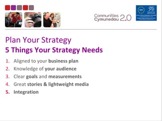 Plan Your Strategy
5 Things Your Strategy Needs
1. Aligned to your business plan
2. Knowledge of your audience
3. Clear goals and measurements
4. Great stories & lightweight media
5. Integration
 