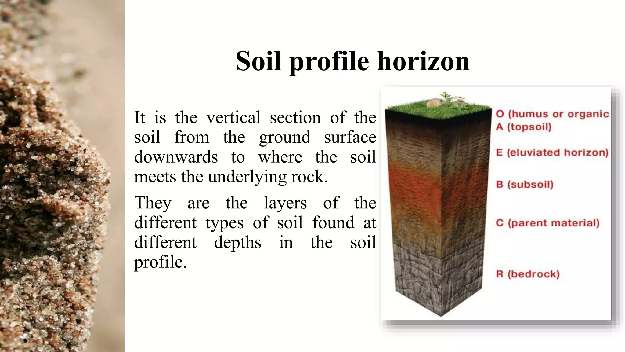 Soil profile horizon
It is the vertical section of the
soil from the ground surface
downwards to where the soil
meets the underlying rock.
They are the layers of the
different types of soil found at
different depths in the soil
profile.
 
