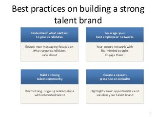 Best practices on building a strong
talent brand
Ensure your messaging focuses on
what target candidates
care about
Understand what matters
to your candidates
Your people network with
like-minded people.
Engage them!
Leverage your
best employees’ networks
Build strong, ongoing relationships
with interested talent
Build a strong
talent community
Highlight career opportunities and
socialize your talent brand
Create a careers
presence on LinkedIn
1
 