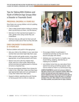 TIPS FOR TALKING WITH AND HELPING CHILDREN AND YOUTH COPE AFTER A DISASTER OR TRAUMATIC EVENT
A GUIDE FOR PARENTS, CAREGIVERS, AND TEACHERS



Tips for Talking With Children and
Youth of Different Age Groups After
a Disaster or Traumatic Event
PRESCHOOL CHILDREN, 0–5 YEARS OLD
Give these very young children a lot of cuddling
and verbal support.
ƒƒ  ake a deep breath before holding or picking
   T
   them up and focus on them, not the trauma.
ƒƒ  et down to their eye level and speak in a
   G
   calm, gentle voice using words they can
   understand.
ƒƒ  ell them that you still care for them and will
   T
   continue to take care of them so they feel safe.

EARLY CHILDHOOD TO ADOLESCENCE,
6–19 YEARS OLD
Nurture children and youth in this age group:
ƒƒ  sk your child or the children in your care what
   A                                                          ƒƒ  ncourage children to participate in
                                                                 E
   worries them and what might help them cope.                   recreational activities so they can move
                                                                 around and play with others.
ƒƒ  ffer comfort with gentle words, a hug when
   O
   appropriate, or just being present with them.              ƒƒ  ddress your own trauma in a healthy way.
                                                                 A
                                                                 Avoid hitting, isolating, abandoning, or
ƒƒ  pend more time with the children than
   S
                                                                 making fun of children.
   usual, even for a short while. Returning to
   school activities and getting back to routines             ƒƒ  et children know that you care about them-
                                                                 L
   at home is important too.                                     spend time doing something special; make
                                                                 sure to check on them in a nonintrusive way.
ƒƒ  xcuse traumatized children from chores for
   E
   a day or two. After that, make sure they have              A NOTE OF CAUTION! Be careful not to pressure children to
   age-appropriate tasks and can participate in               talk about a trauma or join in expressive activities. While most
   a way that makes them feel useful.                         children will easily talk about what happened, some may
                                                              become frightened. Some may even get traumatized again by
ƒƒ  upport children spending time with friends
   S                                                          talking about it, listening to others talk about it, or looking at
   or having quiet time to write or create art.               drawings of the event. Allow children to remove themselves
                                                              from these activities, and monitor them for signs of distress.




3            Toll-Free: 1-877-SAMHSA-7 (1-877-726-4727) | Info@samhsa.hhs.gov | http://store.samhsa.gov
 