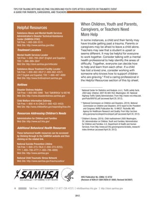 TIPS FOR TALKING WITH AND HELPING CHILDREN AND YOUTH COPE AFTER A DISASTER OR TRAUMATIC EVENT
A GUIDE FOR PARENTS, CAREGIVERS, AND TEACHERS



                                                                          When Children, Youth and Parents,
    Helpful Resources                                                     Caregivers, or Teachers Need
    Substance Abuse and Mental Health Services
    Administration’s Disaster Technical Assistance                        More Help
    Center (SAMHSA DTAC)                                                  In some instances, a child and their family may
    Toll Free: 1-800-308-3515
                                                                          have trouble getting past a trauma. Parents or
    Web Site: http://www.samhsa.gov/dtac
                                                                          caregivers may be afraid to leave a child alone.
    Treatment Locators                                                    Teachers may see that a student is upset or
    Mental Health Services Locator
                                                                          seems different. It may be helpful for everyone
    Toll-Free: 1–800–789–2647 (English and Español);                      to work together. Consider talking with a mental
    TDD: 1–866–889–2647                                                   health professional to help identify the areas of
    Web Site: http://store.samhsa.gov/mhlocator                           difficulty. Together, everyone can decide how
                                                                          to help and learn from each other. If a child
    Substance Abuse Treatment Facility Locator
                                                                          has lost a loved one, consider working with
    Toll-Free: 1–800–662–HELP (1–800–662–4357)
    (24/7 English and Español); TDD: 1–866–487–4889
                                                                          someone who knows how to support children
    Web Site: http://www.findtreatment.samhsa.gov                         who are grieving.4 Find a caring professional in
                                                                          the Helpful Resources section of this tip sheet.
    Hotlines
    Disaster Distress Helpline                                            1
                                                                              N
                                                                               ational Center for Statistics and Analysis. (n.d.). Traffic safety facts,
    Toll-Free: 1-800-985-5990 Text ‘TalkWithUs’ to 66746                      2003 data: Children. (DOT HS 809 762). Washington, DC: National
    Web Site: http://www.disasterdistress.samhsa.gov                          Highway Traffic Safety Administration. From http://www-nrd.nhtsa.dot.
                                                                              gov/Pubs/809762.pdf (accessed April 20, 2012).
    Child Welfare Information Gateway
    Toll-Free: 1–800–4–A–CHILD (1–800–422–4453)
                                                                          2,4
                                                                                N
                                                                                 ational Commission on Children and Disasters. (2010). National
    Web Site: http://www.childwelfare.gov/responding/how.cfm                    Commission on Children and Disasters: 2010 report to the President
                                                                                and Congress. AHRQ Publication No. 10-MO37. Rockville, MD:
                                                                                Agency for Healthcare Research and Quality. From http://archive.
    Resources Addressing Children’s Needs                                       ahrq.gov/prep/nccdreport/nccdreport.pdf (accessed April 20, 2012).
    Administration for Children and Families                              3
                                                                              C
                                                                               hildren’s Bureau. (2010). Child maltreatment 2009. Washington,
    Web Site: http://www.acf.hhs.gov/                                         DC: Administration on Children, Youth and Families; Administration
                                                                              for Children and Families; U.S. Department of Health and Human
                                                                              Services. From http://www.acf.hhs.gov/programs/cb/stats_research/
    Additional Behavioral Health Resources                                    index.htm#can (accessed April 20, 2012).
    These behavioral health resources can be accessed
    by Clicking through to the SAMHSA website and then
    clicking on the related link.
    National Suicide Prevention Lifeline
    Toll-Free: 1–800–273–TALK (1–800–273–8255);
    TTY: 1–800–799–4TTY (1–800–799–4889)
    Web Site: http://www.samhsa.gov
    National Child Traumatic Stress Network
    Web Site: http://www.samhsa.gov/traumaJustice/


                                                               ∙



                                                                          HHS Publication No. (SMA) 12-4732
                                                                          (Revision of KEN-01-0091/KEN-01-0093; Revised 04/2007)


4               Toll-Free: 1-877-SAMHSA-7 (1-877-726-4727) | Info@samhsa.hhs.gov | http://store.samhsa.gov

                                                                   2012
 