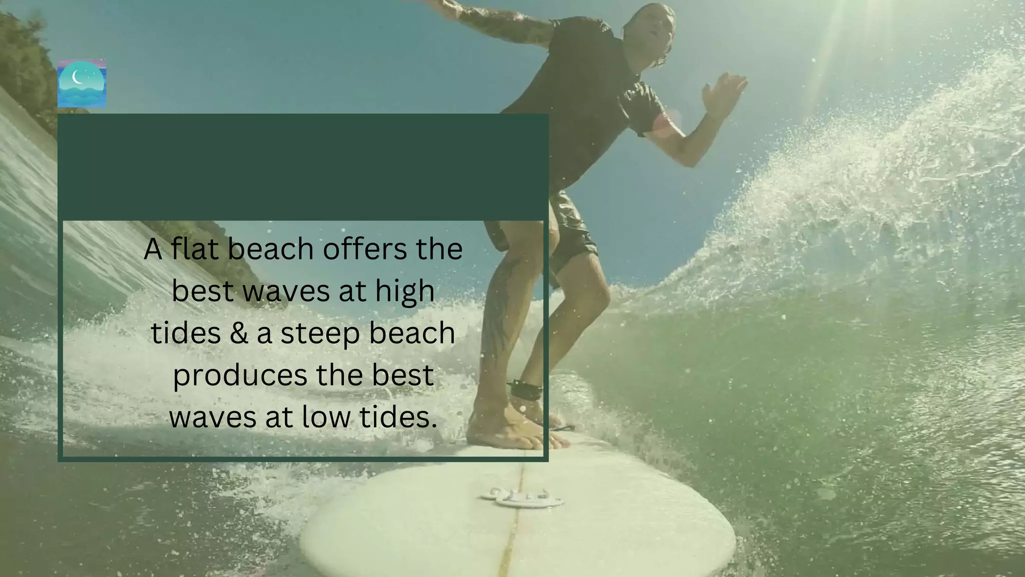 A flat beach offers the
best waves at high
tides & a steep beach
produces the best
waves at low tides.
 
