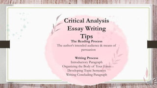 Critical Analysis
Essay Writing
Tips
The Reading Process
The author’s intended audience & means of
persuasion
Writing Process
Introductory Paragraph
Organizing the Body of Your Essay
Developing Topic Sentences
Writing Concluding Paragraph
 