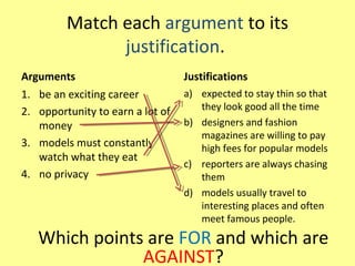 Match each argument to its
justification.
Arguments
1. be an exciting career
2. opportunity to earn a lot of
money
3. models must constantly
watch what they eat
4. no privacy
Justifications
a) expected to stay thin so that
they look good all the time
b) designers and fashion
magazines are willing to pay
high fees for popular models
c) reporters are always chasing
them
d) models usually travel to
interesting places and often
meet famous people.
Which points are FOR and which are
AGAINST?
 