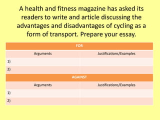 A health and fitness magazine has asked its
readers to write and article discussing the
advantages and disadvantages of cycling as a
form of transport. Prepare your essay.
FOR
Arguments Justifications/Examples
1)
2)
AGAINST
Arguments Justifications/Examples
1)
2)
 