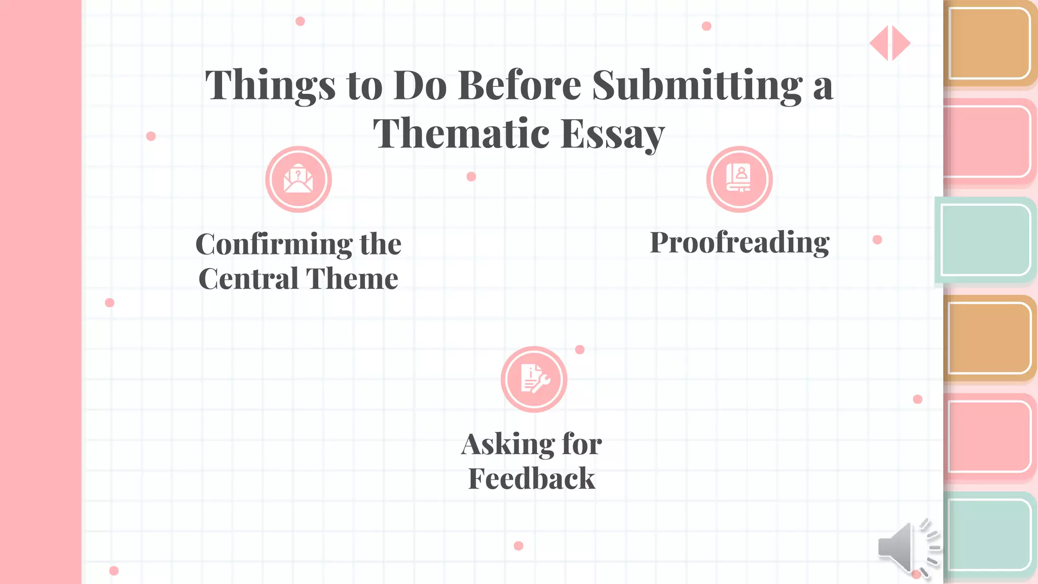Things to Do Before Submitting a
Thematic Essay
Confirming the
Central Theme
Proofreading
Asking for
Feedback
 