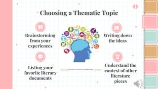 Brainstorming
from your
experiences
Listing your
favorite literary
documents
Biology
Writing down
the ideas
Understand the
context of other
literature
pieces
Choosing a Thematic Topic
 