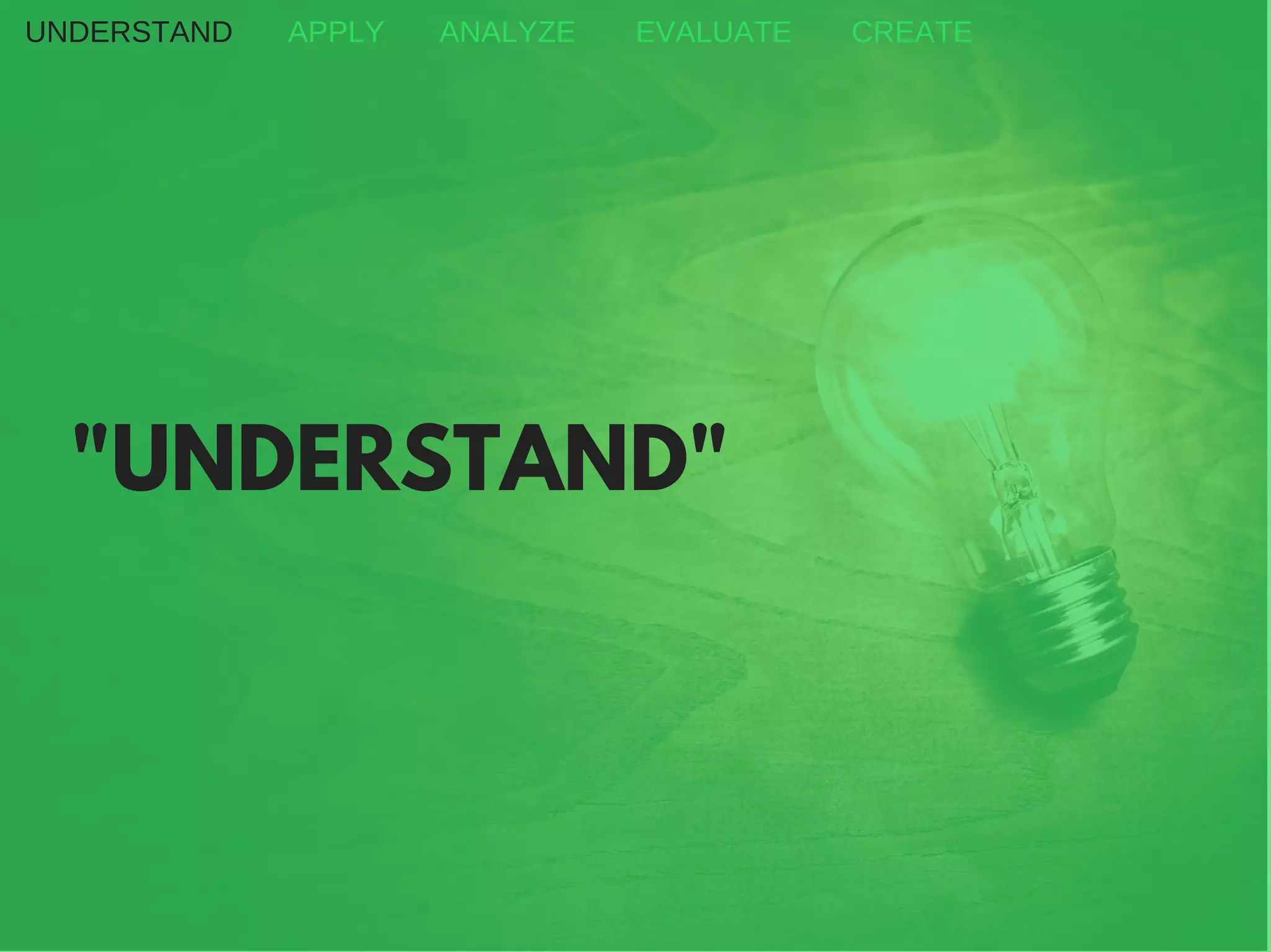 "UNDERSTAND"
UNDERSTAND APPLY ANALYZE EVALUATE CREATE
 