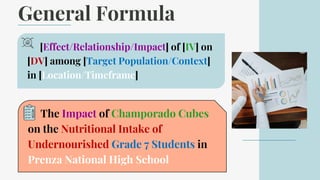 General Formula
[Effect/Relationship/Impact] of [IV] on
[DV] among [Target Population/Context]
in [Location/Timeframe]
The Impact of Champorado Cubes
on the Nutritional Intake of
Undernourished Grade 7 Students in
Prenza National High School
 