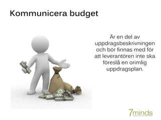 Kommunicera budget
Är en del av
uppdragsbeskrivningen
och bör finnas med för
att leverantören inte ska
föreslå en orimlig
uppdragsplan.
 