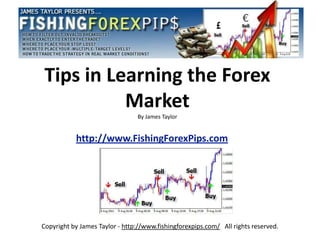 Tips in Learning the Forex
          Market
                                By James Taylor


           http://www.FishingForexPips.com




Copyright by James Taylor - http://www.fishingforexpips.com/ All rights reserved.
 