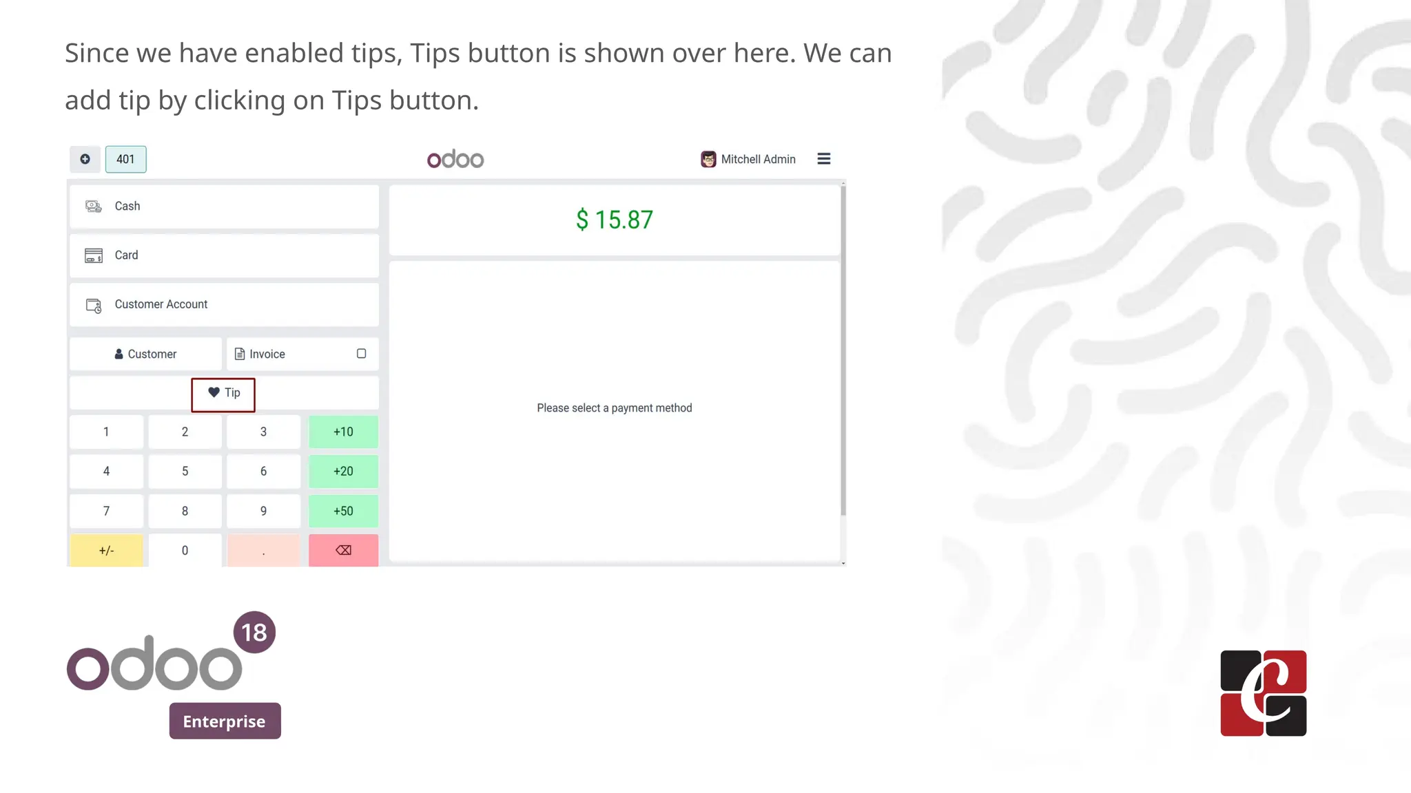 Enterprise
Since we have enabled tips, Tips button is shown over here. We can
add tip by clicking on Tips button.
 