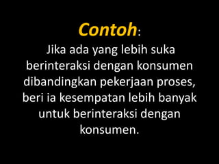 Contoh:
Jika ada yang lebih suka
berinteraksi dengan konsumen
dibandingkan pekerjaan proses,
beri ia kesempatan lebih banyak
untuk berinteraksi dengan
konsumen.

 