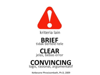 kriteria lain
        BRIEF
    tidak bertele-tele

       CLEAR
    jelas, bebas error

 CONVINCING
logis, rasional, argumentatif
 Ketkesone Phrasisombath, Ph.D, 2009
 