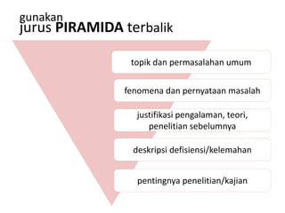 gunakan
jurus PIRAMIDA terbalik

                topik dan permasalahan umum


               fenomena dan pernyataan masalah

                 justifikasi pengalaman, teori,
                    penelitian sebelumnya

                 deskripsi defisiensi/kelemahan


                  pentingnya penelitian/kajian
 