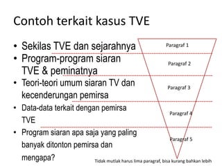 Contoh terkait kasus TVE
• Sekilas TVE dan sejarahnya                                   Paragraf 1

• Program-program siaran                                        Paragraf 2
  TVE & peminatnya
• Teori-teori umum siaran TV dan                                Paragraf 3
  kecenderungan pemirsa
• Data-data terkait dengan pemirsa
                                                               Paragraf 4
  TVE
• Program siaran apa saja yang paling
                                                               Paragraf 5
  banyak ditonton pemirsa dan
  mengapa?               Tidak mutlak harus lima paragraf, bisa kurang bahkan lebih
 