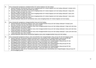 32.   Siswa memperoleh pengalaman mengekspresikan diri melalui kegiatan seni dan budaya.
      A. Sekolah/Madrasah memfasilitasi siswa untuk mengekspresikan diri melalui kegiatan seni dan budaya sebanyak 4 (empat) jenis
          dan/atau 4 (empat) kali atau lebih dalam satu tahun.
      B. Sekolah/Madrasah memfasilitasi siswa untuk mengekspresikan diri melalui kegiatan seni dan budaya sebanyak 3 (tiga) jenis
          dan/atau 3 (tiga) kali dalam satu tahun.
      C. Sekolah/Madrasah memfasilitasi siswa untuk mengekspresikan diri melalui kegiatan seni dan budaya sebanyak 2 (dua) jenis
          dan/atau 2 (dua) kali dalam satu tahun.
      D. Sekolah/Madrasah memfasilitasi siswa untuk mengekspresikan diri melalui kegiatan seni dan budaya sebanyak 1 (satu) jenis
          dan/atau 1 (satu) kali dalam satu tahun.
      E. Sekolah/Madrasah tidak pernah memfasilitasi siswa untuk mengekspresikan diri melalui kegiatan seni dan budaya.


33.   Siswa memperoleh pengalaman mengapresiasikan karya seni dan budaya.
      A. Sekolah/Madrasah memfasilitasi kegiatan siswa untuk mengapresiasikan karya seni dan budaya sebanyak 4 (empat) jenis
          dan/atau 4 (empat) kali atau lebih dalam satu tahun terakhir.
      B. Sekolah/Madrasah memfasilitasi kegiatan siswa untuk mengapresiasikan karya seni dan budaya sebanyak 3 (tiga) jenis dan/atau
          3 (tiga) kali dalam satu tahun terakhir.
      C. Sekolah/Madrasah memfasilitasi kegiatan siswa untuk mengapresiasikan karya seni dan budaya sebanyak 2 (dua) jenis dan/atau
          2 (dua) kali dalam satu tahun terakhir.
      D. Sekolah/Madrasah memfasilitasi kegiatan siswa untuk mengapresiasikan karya seni dan budaya sebanyak 1 (satu) jenis dan/atau
          1 (satu) kali dalam satu tahun terakhir.
      E. Sekolah/Madrasah tidak pernah memfasilitasi kegiatan siswa untuk mengapresiasikan karya seni dan budaya.

34.   Siswa memperoleh pengalaman belajar untuk menumbuhkan dan mengembangkan sikap percaya diri dan bertanggung jawab.
      A. Sekolah/Madrasah menjalankan kegiatan kesiswaan guna menumbuhkan dan mengembangkan sikap percaya diri dan
          bertanggung jawab sebanyak 4 (empat) jenis dan/atau 4 (empat) kali atau lebih dalam satu tahun terakhir.
      B. Sekolah/Madrasah menjalankan kegiatan kesiswaan guna menumbuhkan dan mengembangkan sikap percaya diri dan
          bertanggung jawab sebanyak 3 (tiga) jenis dan/atau 3 (tiga) kali dalam satu tahun terakhir.
      C. Sekolah/Madrasah menjalankan kegiatan kesiswaan guna menumbuhkan dan mengembangkan sikap percaya diri dan
          bertanggung jawab sebanyak 2 (dua) jenis dan/atau 2 (dua) kali dalam satu tahun terakhir.
      D. Sekolah/Madrasah menjalankan kegiatan kesiswaan guna menumbuhkan dan mengembangkan sikap percaya diri dan
          bertanggung jawab sebanyak 1 (satu) jenis dan/atau 1 (satu) kali dalam satu tahun terakhir.
      E. Sekolah/Madrasah tidak pernah menjalankan kegiatan kesiswaan guna menumbuhkan dan mengembangkan sikap percaya diri
          dan bertanggung jawab.




                                                                                                                                       12
 