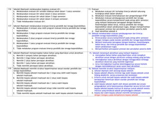 116   Sekolah/Madrasah melaksanakan kegiatan evaluasi diri.                               13. Evaluasi
      A. Melaksanakan evaluasi diri setidak-tidaknya sekali dalam 1 (satu) semester.          a. Melakukan evaluasi diri terhadap kinerja sekolah sekurang-
      B. Melaksanakan evaluasi diri sekali dalam 2 (dua) semester.                                kurangnya sekali dalam setahun
      C. Melaksanakan evaluasi diri sekali dalam 3 (tiga) semester.                           b. Melakukan evaluasi keterlaksanaan dan pengembangan KTSP
                                                                                              c. Melakukan evaluasi pendayagunaan pendidik dan tenaga
      D. Melaksanakan evaluasi diri sekali dalam 4 (empat) semester.
                                                                                                  kependidikan secara komperhensif pada setiap akhir semester,
      E. Tidak melaksanakan evaluasi diri.                                                        yang meliputi kesesuaian penugasan dengan keahlian,
                                                                                                  keseimbangan beban kerja, kinerja pendidik dan tenaga
117   Sekolah/Madrasah melaksanakan evaluasi kinerja pendidik dan tenaga kependidikan.            kependidikan dalam pelaksanaan tugas, dengan memperhatikan
      A. Melaksanakan 4 (empat) atau lebih program evaluasi kinerja pendidik dan tenaga           pencapaian prestasi dan perubahan-perubahan peserta didik
         kependidikan.                                                                        d. Hasil akreditasi sekolah A
      B. Melaksanakan 3 (tiga) program evaluasi kinerja pendidik dan tenaga               14. Sekolah melaksanakan evaluasi pendayagunaan dan kinerja
         kependidikan.                                                                        pendidik/tenaga kependidikan,yang :
      C. Melaksanakan 2 (dua) program evaluasi kinerja pendidik dan tenaga                    a. Direncanakan secara komprehensif pada setiap akhir semester
         kependidikan.                                                                            dengan mengacu pada standar pendidik dan tenaga kependidikan
                                                                                              b. Meliputi kesesuaian penugasan dengan keahlian, keseimbangna
      D. Melaksanakan 1 (satu) program evaluasi kinerja pendidik dan tenaga
                                                                                                  beban kerja, dan kinerja pendidik dan tenaga kependidikan
         kependidikan                                                                             dalam pelaksanaan tugas
      E. Tidak melakukan program evaluasi kinerja pendidik dan tenaga kependidikan.           c. Memperhatikan pencapaian prestasi dan perubahan peserta didik

118   Sekolah/Madrasah mempersiapkan bahan-bahan yang diperlukan untuk akreditasi.         15. Sekolah menempuh akreditasi yang meliputi kegiatan:
      A. Memiliki 4 (empat) bahan persiapan akreditasi.                                        a. menyiapkan bahan-bahan yang diperlukan untuk mengikuti
      B. Memiliki 3 (tiga) bahan persiapan akreditasi.                                            akreditasi sesuai dengan peraturan undang-undang yang berlaku
                                                                                               b. meningkatkan status akreditasi dengan menggunakan lembaga
      C. Memiliki 2 (dua) bahan persiapan akreditasi.
                                                                                                  akreditasi eksternal yang memiliki legimitasi
      D. Memiliki 1 (satu) bahan persiapan akreditasi.                                         c. terus meningkatkan kualitas kelembagaannya secara holistik
      E. Tidak memiliki persiapan bahan akreditasi.                                               dengan menindaklanjuti saran-saran hasil akreditasi
119   Sekolah/Madrasah memiliki struktur kepemimpinan sesuai standar pendidik dan         16. Sekolah memiliki struktur kepemimpinan meliputi:
      tenaga kependidikan.                                                                    a. sekolah dipimpin oleh seorang kepala sekolah
      A. Memiliki kepala sekolah/madrasah dan 3 (tiga) atau lebih wakil kepala                b. kepala sekolah dibantu minimal tiga wakil kepala sekolah untuk
         sekolah/madrasah.                                                                       bidang akademik, sarana prasarana dan kesiswaan
      B. Memiliki kepala sekolah/madrasah dan 2 (dua) wakil kepala                            c. kriteria untuk menjadi kepala sekolah dan wakil kepala sekolah
                                                                                                 berdasarkan ketentuan dalam standar pendidik dan tenaga
         sekolah/madrasah.
                                                                                                 kependidikan
      C. Memiliki kepala sekolah/madrasah dan 1 (satu) wakil kepala                           d. wakil kepala sekolah dipilih oleh dewan pendidik dan proses
         sekolah/madrasah.                                                                       pengangkatan serta keputusannya dilaporkan secara tertulis oleh
      D. Memiliki kepala sekolah/madrasah tetapi tidak memiliki wakil kepala                     kepala sekolah kepada institusi di atasnya (untuk sekolah swasta
         sekolah/madrasah.                                                                       institusi yang dimaksud adalah penyelenggara sekolah)
      E. Tidak memiliki kepala sekolah/madrasah dan wakil kepala sekolah/madrasah.            e. kepala dan wakil kepala sekolah memiliki kemampuan memimpin
                                                                                                 dengan mengacu pada kompetensio kepala sekolah
                                                                                                                                                                32
 