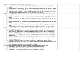 134   Sekolah/Madrasah menyediakan biaya pengadaan daya dan jasa.
      A. Mengeluarkan biaya sebanyak 76% - 100% dari anggaran pengadaan daya dan jasa selama satu tahun
         terakhir.
      B. Mengeluarkan biaya sebanyak 51% - 75% dari anggaran pengadaan daya dan jasa selama satu tahun terakhir.
      C. Mengeluarkan biaya sebanyak 26% - 50% dari anggaran pengadaan daya dan jasa selama satu tahun terakhir.
      D. Mengeluarkan biaya sebanyak 1% - 25% dari anggaran pengadaan daya dan jasa selama satu tahun terakhir.
      E. Tidak menyediakan biaya pengadaan daya dan jasa selama satu tahun terakhir.
135   Sekolah/Madrasah menyediakan anggaran untuk mendukung kegiatan operasional tidak langsung selama tiga
      tahun terakhir.
      A. Memiliki biaya sebanyak 76% - 100% untuk mendukung kegiatan operasional tidak langsung selama tiga tahun
         terakhir.
      B. Memiliki biaya sebanyak 51% - 75% untuk mendukung kegiatan operasional tidak langsung selama tiga tahun
         terakhir.
      C. Memiliki biaya sebanyak 26% - 50% untuk mendukung kegiatan operasional tidak langsung selama tiga tahun
         terakhir.
      D. Memiliki biaya sebanyak 1% - 25% untuk mendukung kegiatan operasional tidak langsung selama tiga tahun
         terakhir.
      E. Tidak memiliki biaya untuk mendukung kegiatan operasional tidak langsung selama tiga tahun terakhir.
136   Sumbangan pendidikan atau dana dari masyarakat digunakan untuk kesejahteraan dan peningkatan mutu
      pendidikan sekolah/madrasah.
      A. Digunakan untuk kesejahteraan warga sekolah/madrasah, pengembangan guru dan tenaga kependidikan,
         sarana prasarana, pengembangan kurikulum dan kegiatan pembelajaran, serta kegiatan ketatausahaan.
      B. Digunakan untuk kesejahteraan warga sekolah/madrasah, pengembangan guru dan tenaga kependidikan,
         sarana prasarana, dan pengembangan kurikulum dan kegiatan pembelajaran, tetapi tidak untuk kegiatan
         ketatausahaan.
      C. Digunakan untuk kesejahteraan warga sekolah/madrasah, pengembangan guru dan tenaga kependidikan,
         dan sarana prasarana, tetapi tidak untuk pengembangan kurikulum dan kegiatan pembelajaran, serta
         kegiatan ketatausahaan.
      D. Digunakan untuk kesejahteraan warga sekolah/madrasah serta pengembangan guru dan tenaga
         kependidikan, tetapi tidak untuk sarana dan prasarana, pengembangan kurikulum dan pembelajaran, serta
         kegiatan ketatausahaan.
      E. Hanya digunakan untuk kesejahteraan warga sekolah/ madrasah.
137   Penetapan uang sekolah/madrasah mempertimbangkan kemampuan ekonomi orangtua siswa.
      A. Sebanyak 76% - 100% siswa dari keluarga tidak mampu mendapatkan keringanan.
      B. Sebanyak 51% - 75% siswa dari keluarga tidak mampu mendapatkan keringanan.
      C. Sebanyak 26% - 50% siswa dari keluarga tidak mampu mendapatkan keringanan.
                                                                                                                    38
 