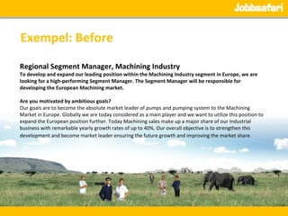 Exempel: Before  Regional Segment Manager, Machining Industry To develop and expand our leading position within the Machining Industry segment in Europe, we are looking for a high-performing Segment Manager. The Segment Manager will be responsible for developing the European Machining market.  Are you motivated by ambitious goals?  Our goals are to become the absolute market leader of pumps and pumping system to the Machining Market in Europe. Globally we are today considered as a main player and we want to utilize this position to expand the European position further. Today Machining sales make up a major share of our Industrial business with remarkable yearly growth rates of up to 40%. Our overall objective is to strengthen this development and become market leader ensuring the future growth and improving the market share.   