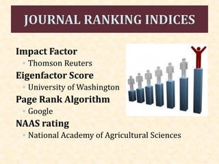 Impact Factor
◦ Thomson Reuters
Eigenfactor Score
◦ University of Washington
Page Rank Algorithm
◦ Google
NAAS rating
◦ National Academy of Agricultural Sciences
 