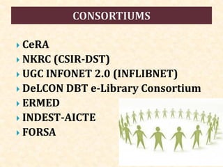  CeRA
 NKRC (CSIR-DST)
 UGC INFONET 2.0 (INFLIBNET)
 DeLCON DBT e-Library Consortium
 ERMED
 INDEST-AICTE
 FORSA
 