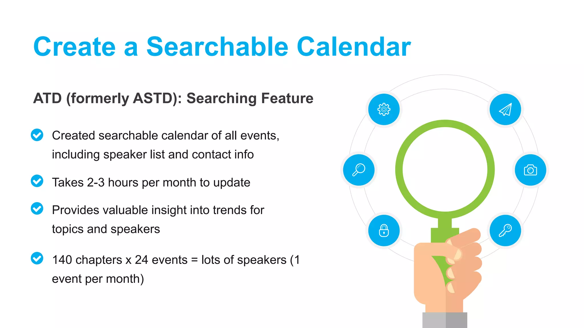 ATD (formerly ASTD): Searching Feature
Create a Searchable Calendar
Created searchable calendar of all events,
including speaker list and contact info
Takes 2-3 hours per month to update
Provides valuable insight into trends for
topics and speakers
140 chapters x 24 events = lots of speakers (1
event per month)
 
