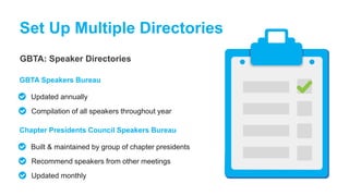 GBTA: Speaker Directories
Set Up Multiple Directories
Updated annually
GBTA Speakers Bureau
Compilation of all speakers throughout year
Built & maintained by group of chapter presidents
Chapter Presidents Council Speakers Bureau
Recommend speakers from other meetings
Updated monthly
 