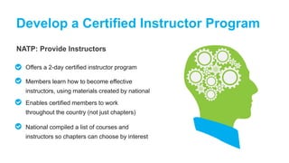 NATP: Provide Instructors
Develop a Certified Instructor Program
Offers a 2-day certified instructor program
Members learn how to become effective
instructors, using materials created by national
Enables certified members to work
throughout the country (not just chapters)
National compiled a list of courses and
instructors so chapters can choose by interest
 