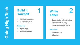 Build It
Yourself
1 2
• Stand-alone platform
• All content is yours
GoingHighTech
Resources
• Higher Logic
• ReviewMySpeaker
White
Label
• Customizable online directory
• Populate with 3rd party
contacts and your contacts
Resources
• Speakers Hub
• eSpeakers
 