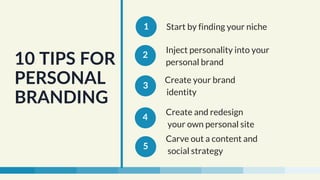 10 TIPS FOR
PERSONAL
BRANDING
Start by finding your niche
Inject personality into your 
personal brand
Create your brand 
 identity
Create and redesign 
 your own personal site
Carve out a content and 
 social strategy
1
2
3
4
5
 