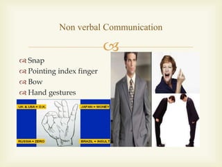 
 Snap
 Pointing index finger
 Bow
 Hand gestures
Non verbal Communication
 