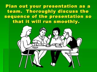 Plan out your presentation as a team.  Thoroughly discuss the sequence of the presentation so that it will run smoothly.  