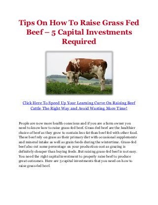 Tips On How To Raise Grass Fed
  Beef – 5 Capital Investments
            Required




  Click Here To Speed Up Your Learning Curve On Raising Beef
      Cattle The Right Way and Avoid Wasting More Time!


People are now more health conscious and if you are a farm owner you
need to know how to raise grass-fed beef. Grass-fed beef are the healthier
choice of beef as they grow to contain less fat than beef fed with other food.
These beef rely on grass as their primary diet with occasional supplements
and mineral intake as well as grain feeds during the wintertime. Grass-fed
beef also cut some percentage on your production cost as grazing is
definitely cheaper than buying feeds. But raising grass-fed beef is not easy.
You need the right capital investment to properly raise beef to produce
great outcomes. Here are 5 capital investments that you need on how to
raise grass-fed beef.
 