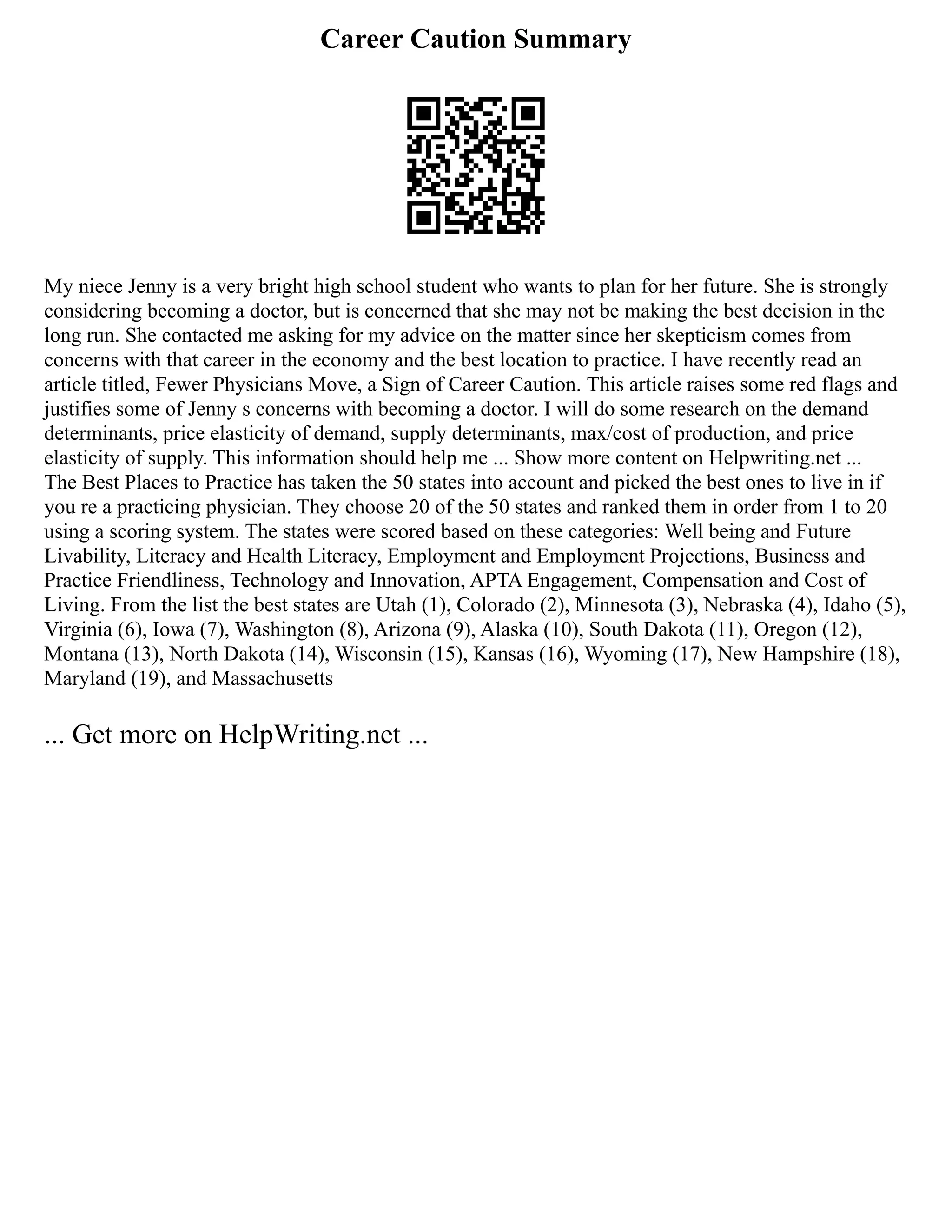Career Caution Summary
My niece Jenny is a very bright high school student who wants to plan for her future. She is strongly
considering becoming a doctor, but is concerned that she may not be making the best decision in the
long run. She contacted me asking for my advice on the matter since her skepticism comes from
concerns with that career in the economy and the best location to practice. I have recently read an
article titled, Fewer Physicians Move, a Sign of Career Caution. This article raises some red flags and
justifies some of Jenny s concerns with becoming a doctor. I will do some research on the demand
determinants, price elasticity of demand, supply determinants, max/cost of production, and price
elasticity of supply. This information should help me ... Show more content on Helpwriting.net ...
The Best Places to Practice has taken the 50 states into account and picked the best ones to live in if
you re a practicing physician. They choose 20 of the 50 states and ranked them in order from 1 to 20
using a scoring system. The states were scored based on these categories: Well being and Future
Livability, Literacy and Health Literacy, Employment and Employment Projections, Business and
Practice Friendliness, Technology and Innovation, APTA Engagement, Compensation and Cost of
Living. From the list the best states are Utah (1), Colorado (2), Minnesota (3), Nebraska (4), Idaho (5),
Virginia (6), Iowa (7), Washington (8), Arizona (9), Alaska (10), South Dakota (11), Oregon (12),
Montana (13), North Dakota (14), Wisconsin (15), Kansas (16), Wyoming (17), New Hampshire (18),
Maryland (19), and Massachusetts
... Get more on HelpWriting.net ...
 