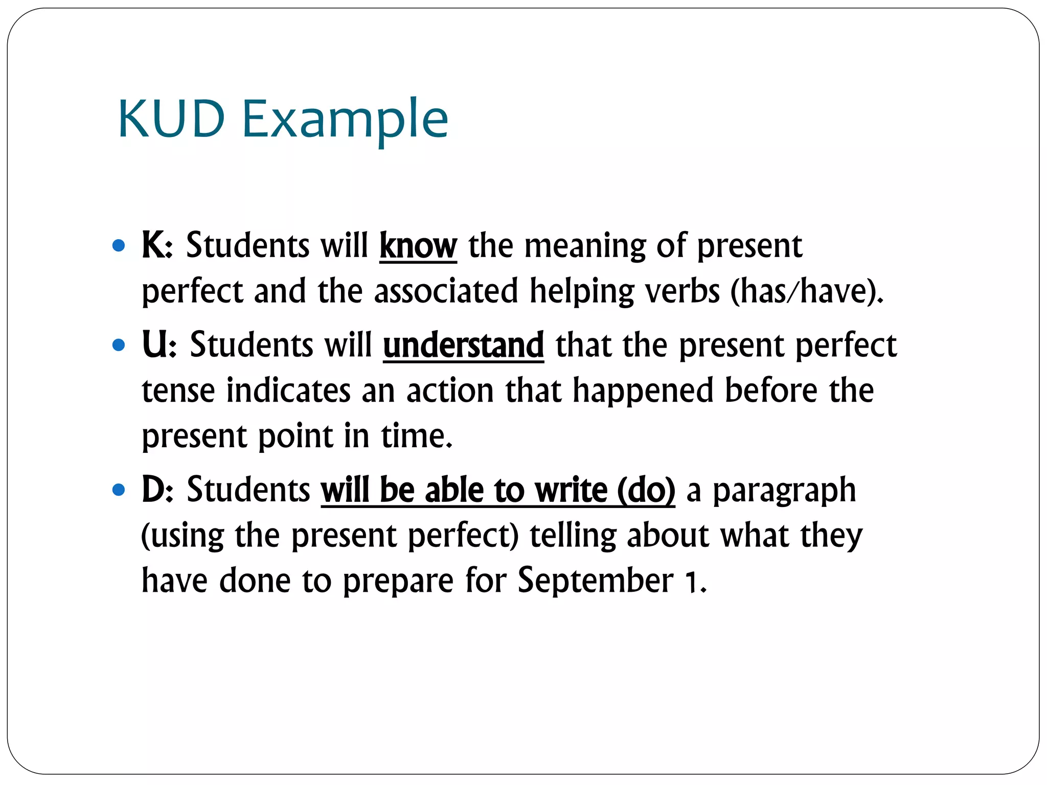 KUD Example
 K: Students will know the meaning of present
perfect and the associated helping verbs (has/have).
 U: Students will understand that the present perfect
tense indicates an action that happened before the
present point in time.
 D: Students will be able to write (do) a paragraph
(using the present perfect) telling about what they
have done to prepare for September 1.
 