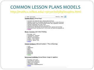 COMMON LESSON PLANS MODELS
http://mathcs.wilkes.edu/~rpryor/ed589/lessplns.html
 