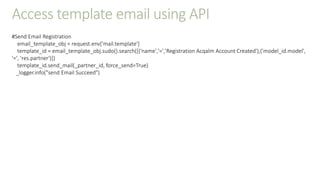 Access template email using API
#Send Email Registration
email_template_obj = request.env['mail.template']
template_id = email_template_obj.sudo().search([('name','=','Registration Acqalm Account Created'),('model_id.model',
'=', 'res.partner')])
template_id.send_mail(_partner_id, force_send=True)
_logger.info("send Email Succeed")
 