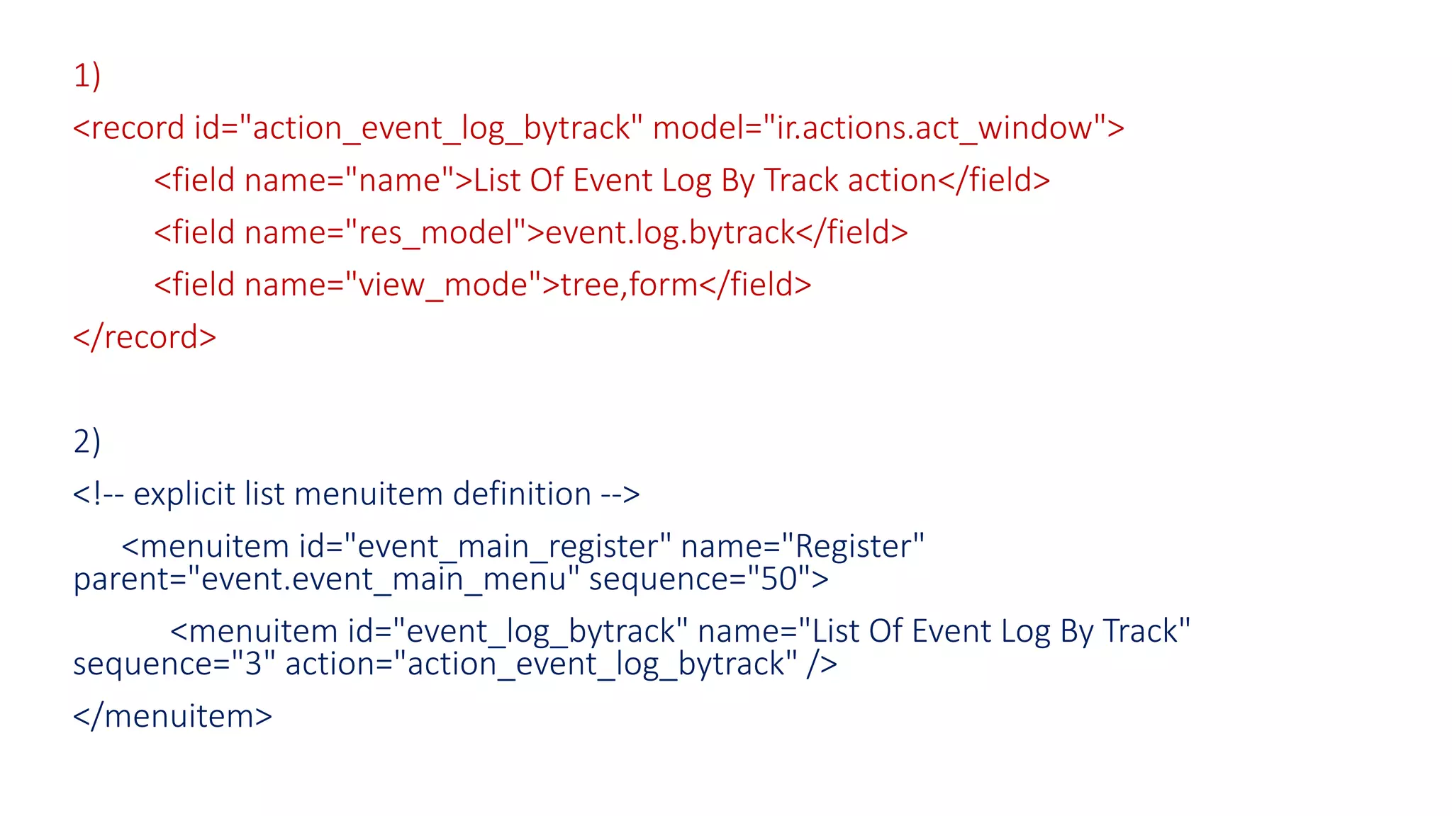 1)
<record id="action_event_log_bytrack" model="ir.actions.act_window">
<field name="name">List Of Event Log By Track action</field>
<field name="res_model">event.log.bytrack</field>
<field name="view_mode">tree,form</field>
</record>
2)
<!-- explicit list menuitem definition -->
<menuitem id="event_main_register" name="Register"
parent="event.event_main_menu" sequence="50">
<menuitem id="event_log_bytrack" name="List Of Event Log By Track"
sequence="3" action="action_event_log_bytrack" />
</menuitem>
 