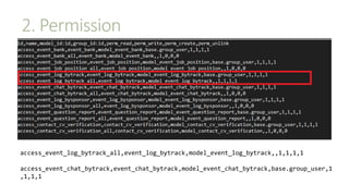 2. Permission
access_event_log_bytrack_all,event_log_bytrack,model_event_log_bytrack,,1,1,1,1
access_event_chat_bytrack,event_chat_bytrack,model_event_chat_bytrack,base.group_user,1
,1,1,1
 