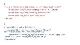 1)
<record id="action_event_log_bytrack" model="ir.actions.act_window">
<field name="name">List Of Event Log By Track action</field>
<field name="res_model">event.log.bytrack</field>
<field name="view_mode">tree,form</field>
</record>
2)
<!-- explicit list menuitem definition -->
<menuitem id="event_main_register" name="Register"
parent="event.event_main_menu" sequence="50">
<menuitem id="event_log_bytrack" name="List Of Event Log By Track"
sequence="3" action="action_event_log_bytrack" />
</menuitem>
 