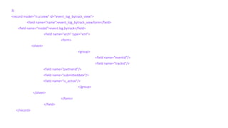 3)
<record model="ir.ui.view" id="event_log_bytrack_view">
<field name="name">event_log_bytrack_view.form</field>
<field name="model">event.log.bytrack</field>
<field name="arch" type="xml">
<form>
<sheet>
<group>
<field name="eventid"/>
<field name="trackid"/>
<field name="partnerid"/>
<field name="submitteddate"/>
<field name="is_active"/>
</group>
</sheet>
</form>
</field>
</record>
 