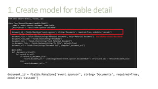 1. Create model for table detail
document_id = fields.Many2one('event.sponsor', string='Documents', required=True,
ondelete='cascade')
 