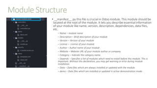 Module Structure
• __manifest__.py this file is crucial in Odoo module. This module should be
located at the root of the module. It lets you describe essential information
of your module like name, version, description, dependencies, data files,
etc.
– Name – module name
– Description – Brief description of your module
– Version – Version of your module
– License – License of your module
– Author – Author name of your module
– Website – Website URL of your module author or company
– Category – Indicate the category name.
– Depends – Specifies a list of modules which need to install before this module. This is
important. Without this declaration, you may get warning or error during module
installation
– Data – Data files which are always installed or updated with the module.
– demo – Data files which are installed or updated in active demonstration mode.
 